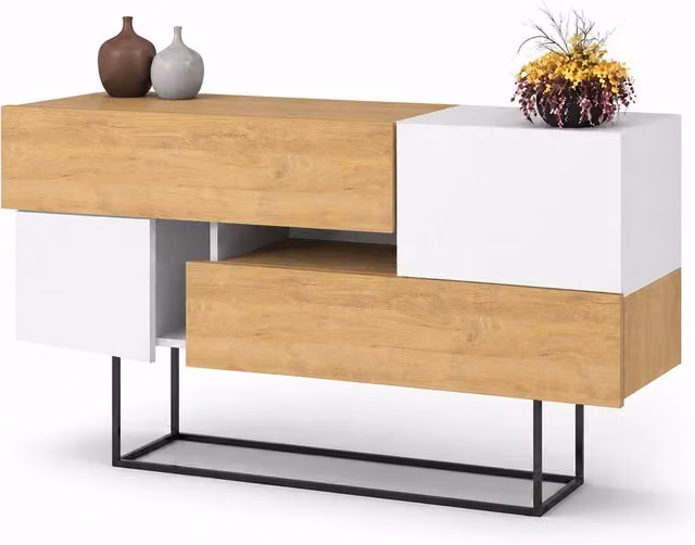 Madia Consolle Moderna 145 cm con 2 Ante 2 Cassetti Zaffiro di Quercia e Bianco