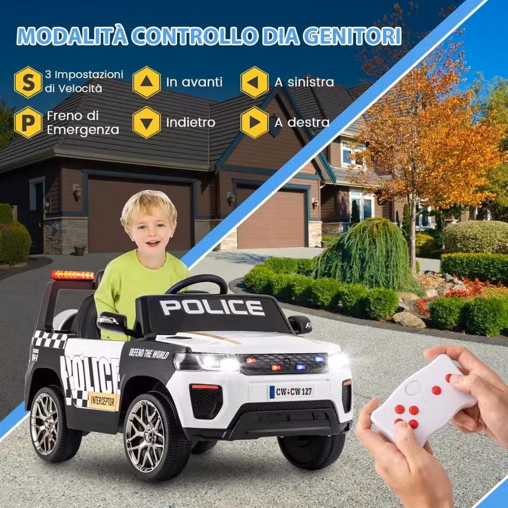Auto della Polizia Elettrica Costway per Bambini con Telecomando, Luci LED e Suoni, Colore Bianco – 2