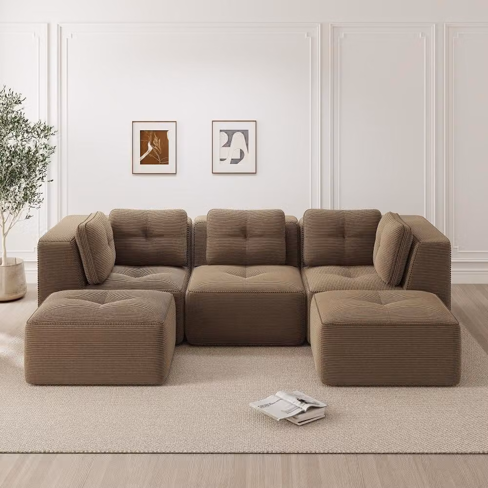 Divano angolare modulare con poggiapiedi, divano a 3 posti in tessuto corda color marrone, dimensioni 297x177x69 cm, divano da assemblare con seduta profonda 74 cm
