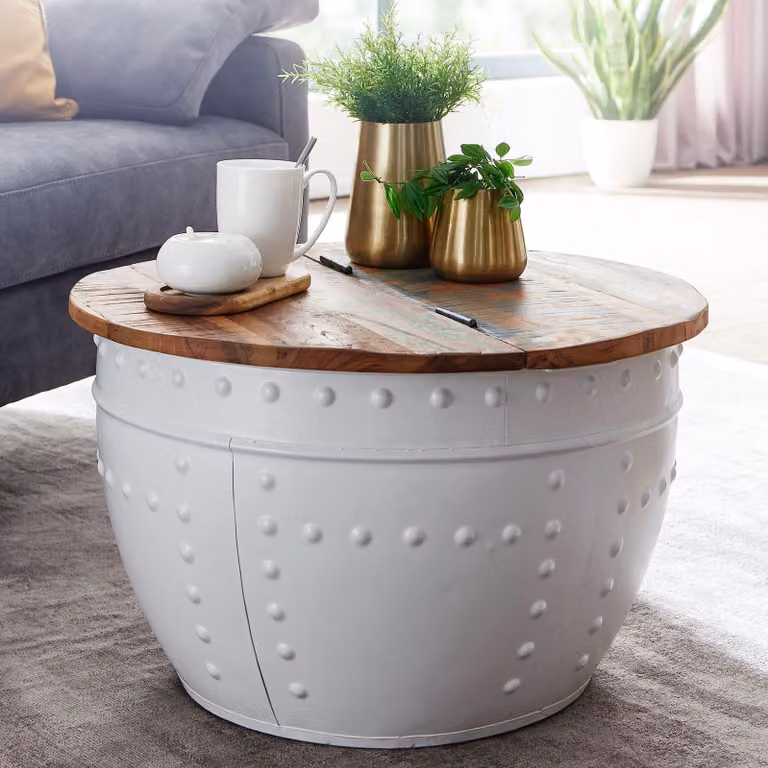 Tavolo FineBuy FineBuy Mango 60x36x60 cm metallo massiccio metallo industriale rotondo | Design soggiorno con contenitore | Tavolo da salotto divano