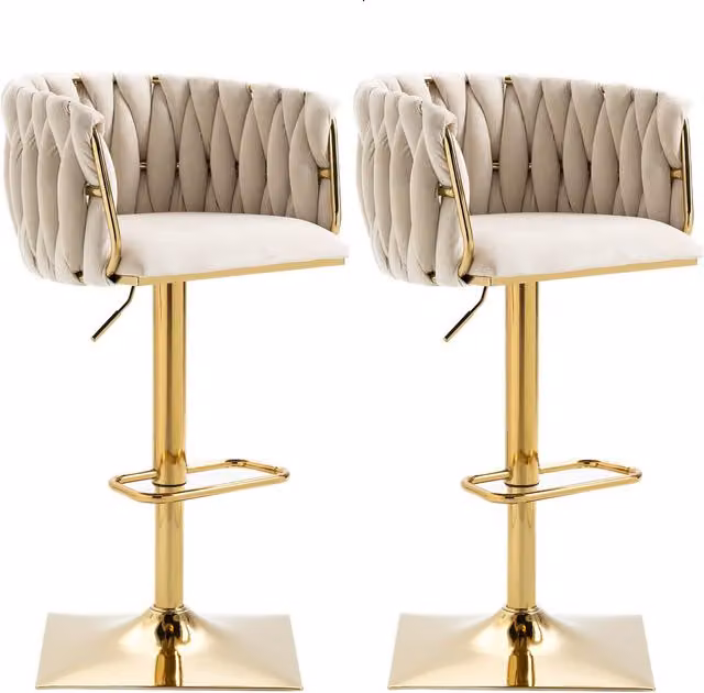 Set di 2 Sgabelli da Bar Vintage Aosom con Schienale e Poggiapiedi in Velluto Beige e Struttura in Metallo