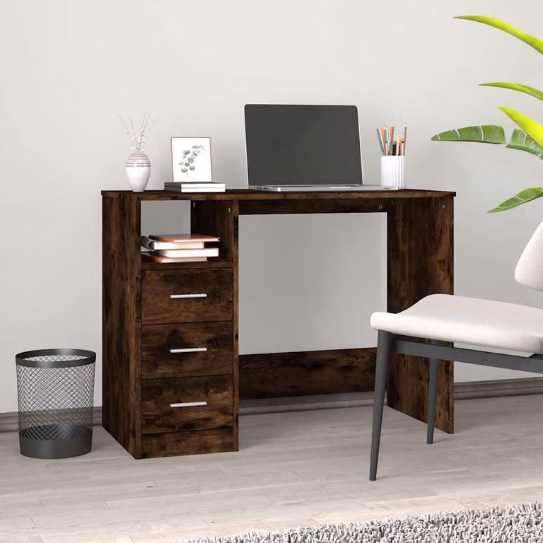 Scrivania moderna vidaXL con cassetti in legno e MDF, colore rovere fumo, L 102 cm x P 50 cm x H 76 cm