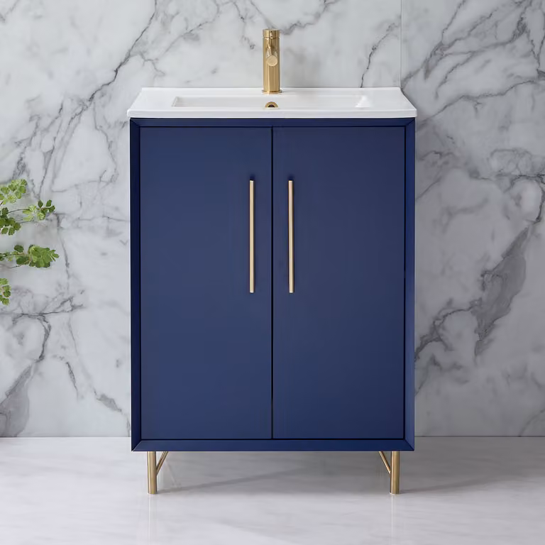 Mobile Bagno Blu Marino 610mm - Lavabo - Maniglie con Barra a T oro satinato