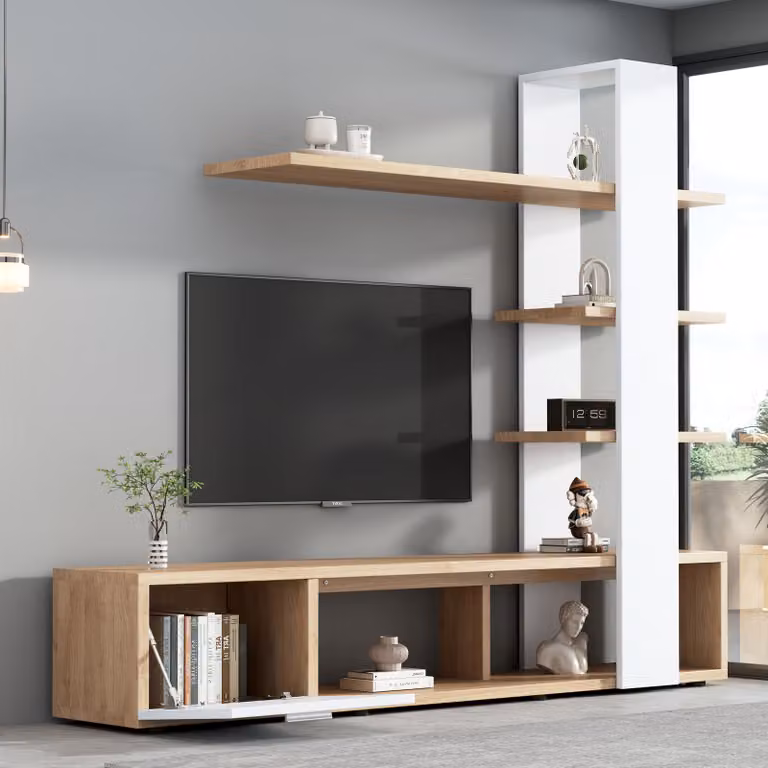 Set da soggiorno STILVORA con scaffali aperti e mobile TV basso, set di mobili da soggiorno in MDF con sistema anti-ribaltamento, set da soggiorno in finitura legno + bianco