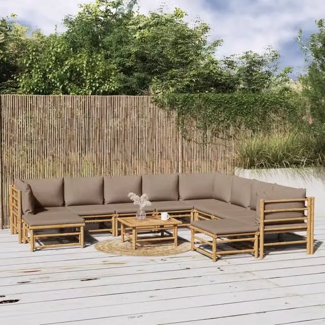 Set Salotto da Giardino vidaXL in Bambu con 11 Pezzi e Cuscini Beige – 1