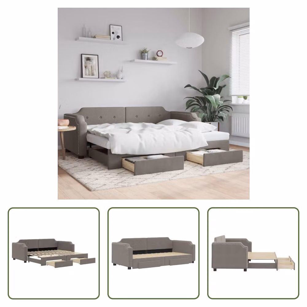 The Living Store Letto allungabile con cassetti Taupe 80x200 cm tessuto