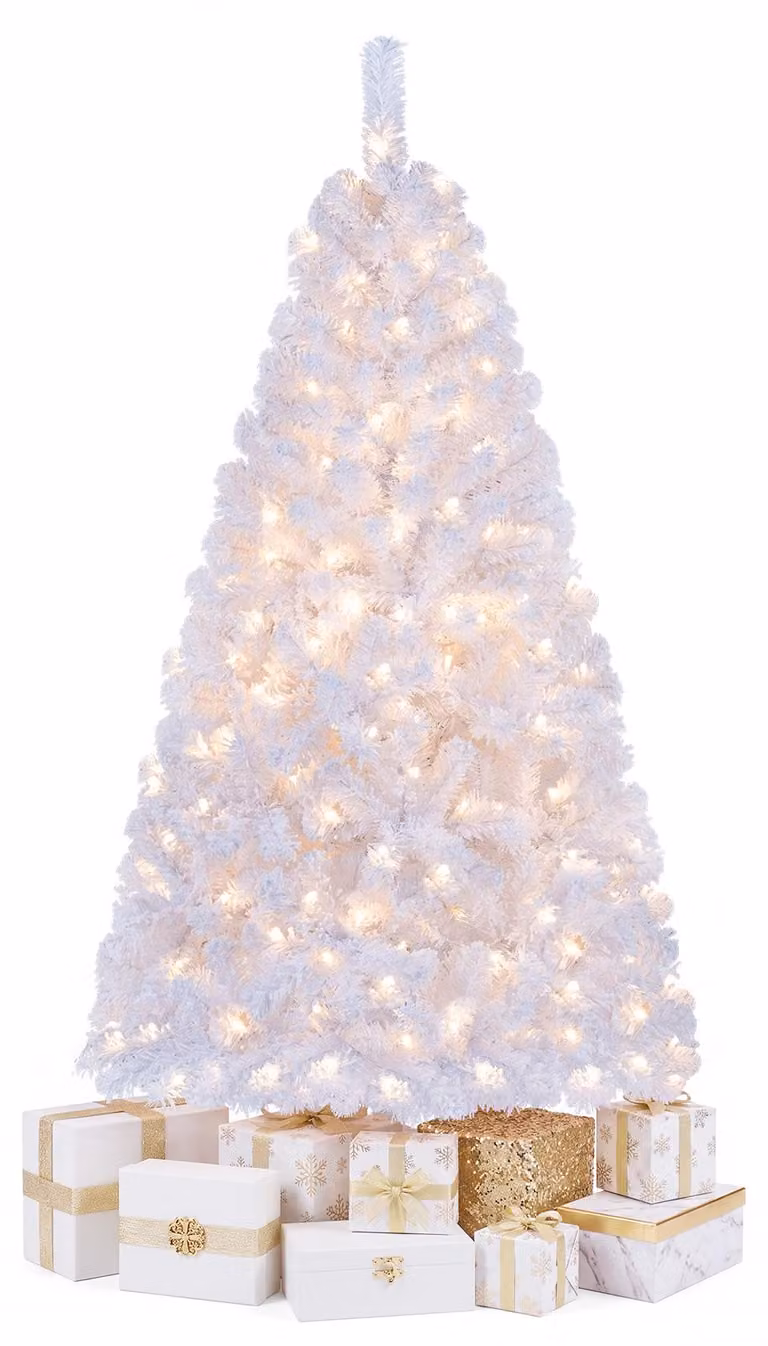 Albero di Natale artificiale COSTWAY con effetto neve, altezza 150 cm, abete con 160 luci LED bianco caldo, 8 modalità di illuminazione, 474 punte e base bianca