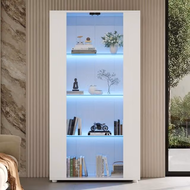 Vetrina con 2 ante in vetro, 4 ripiani e illuminazione LED regolabile per soggiorno, bianca, 80 × 36 × 150.5 cm
