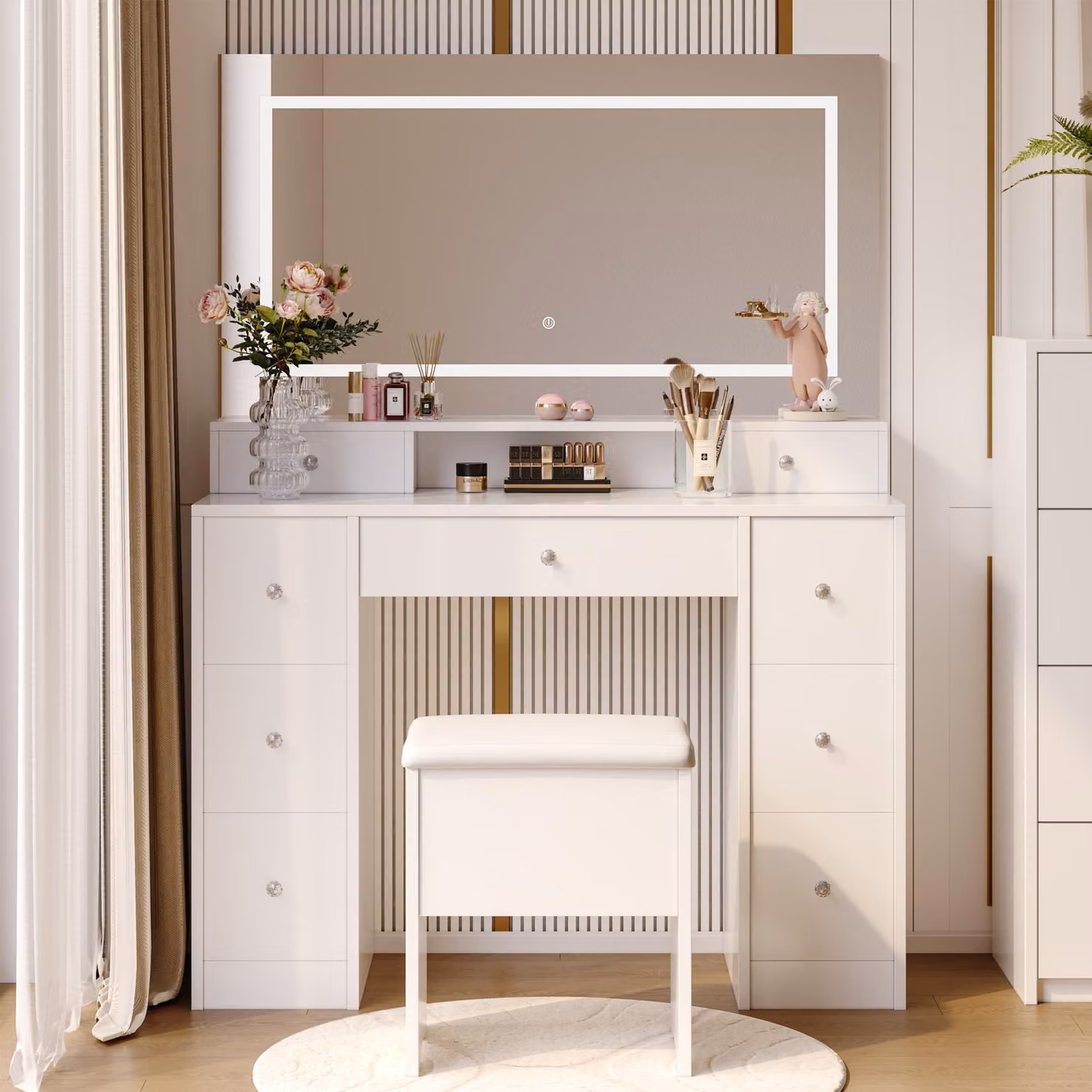 Set da toilette ProximaX con grande specchio - Tre colori LED, interruttore a sfioramento - Ampio spazio per i cosmetici, camera da letto o spogliatoio, bianco