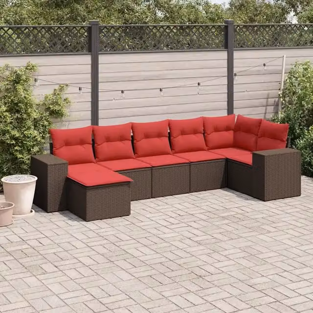 Set Divani da Giardino 7 pz con Cuscini Marrone in Polyrattan 3222883