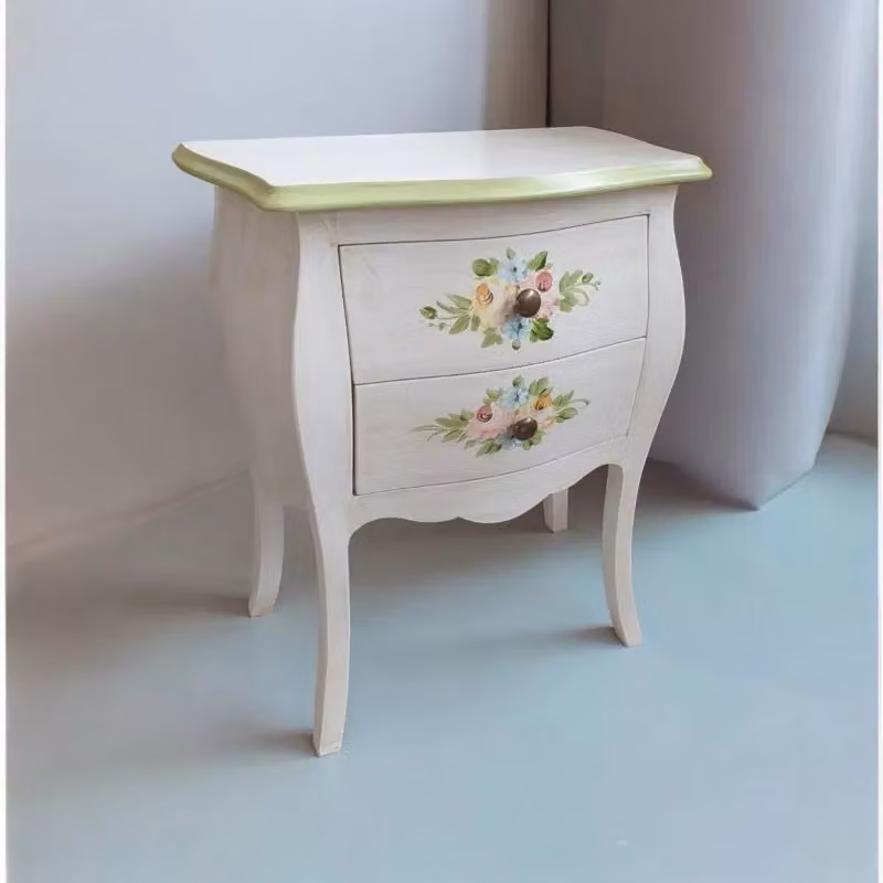Comodino in legno di pino stile shabby chic bianco anticato con decori floreali verdi Mobili 2G L/P/H: 50 x 30 x 60 cm – 2