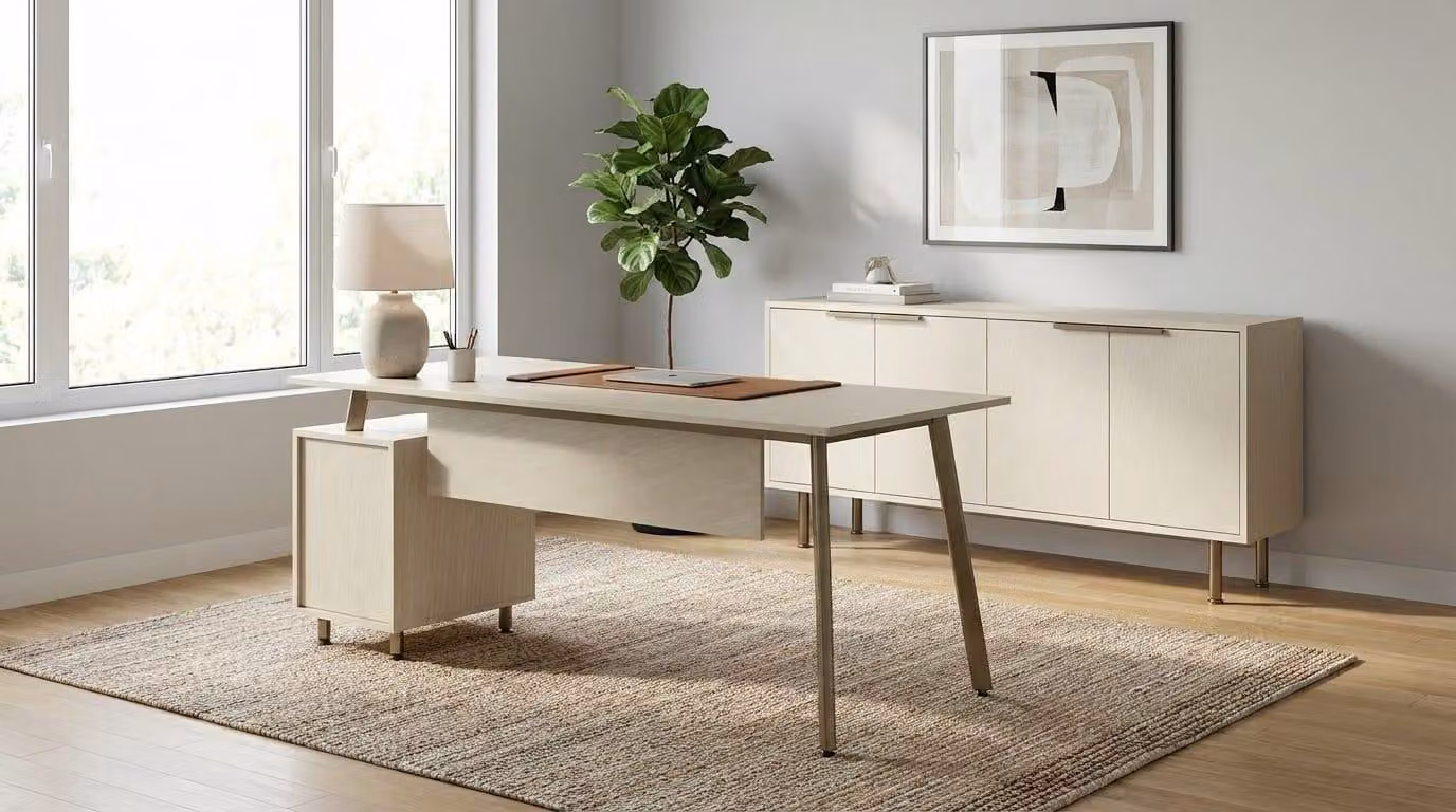 Set per ufficio domestico: scrivania, mobiletto, cassettiera, legno, bianco