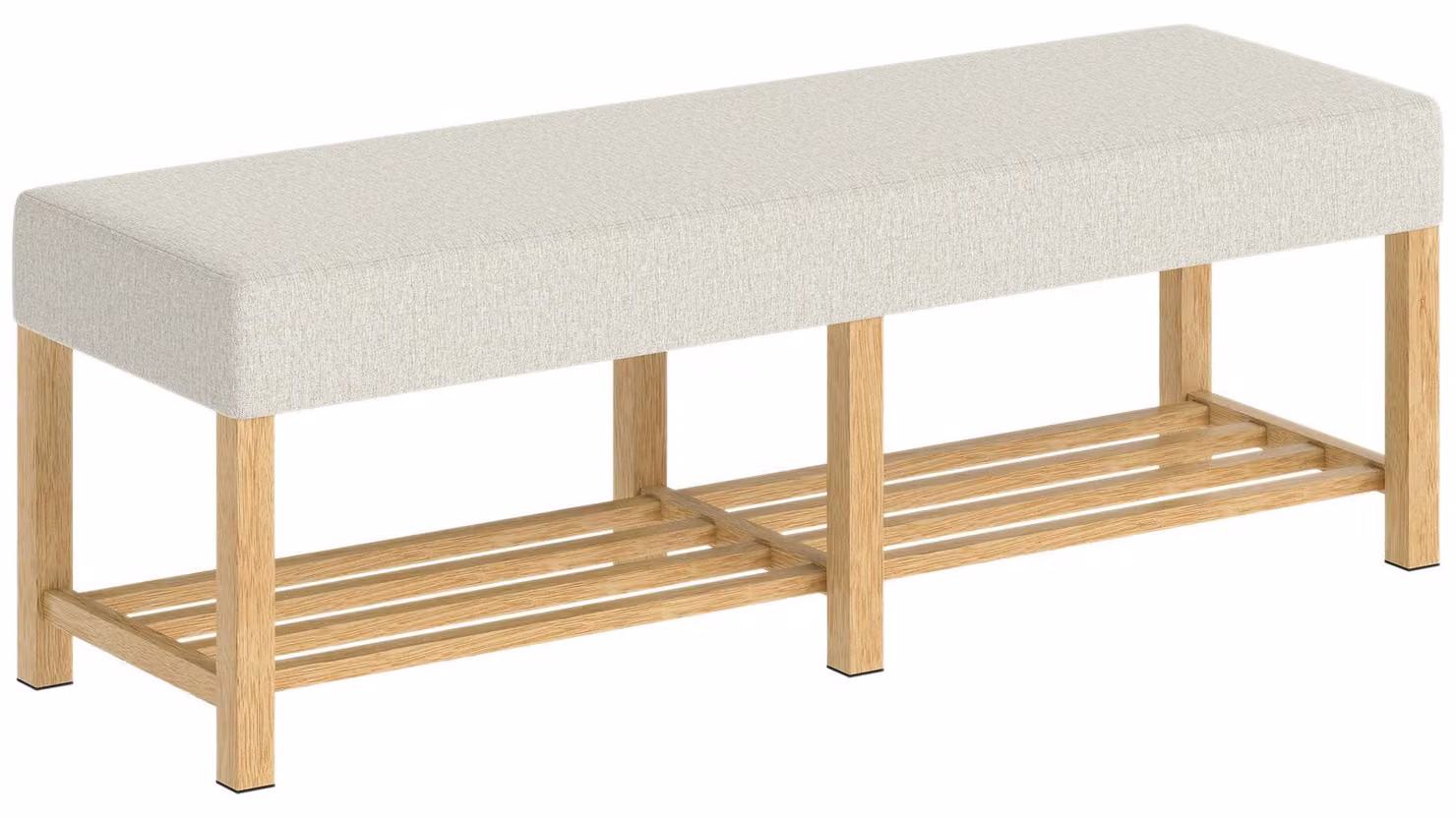 Panca porta scarpe in legno massello con cuscino imbottito | Colore: crema | Dimensioni: 140x44x48 cm