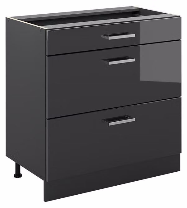 Mobiletto base per cucina Vicco R-Line Antracite lucido/Antracite 80 cm con 3 cassetti senza piano di lavoro, Model 72375