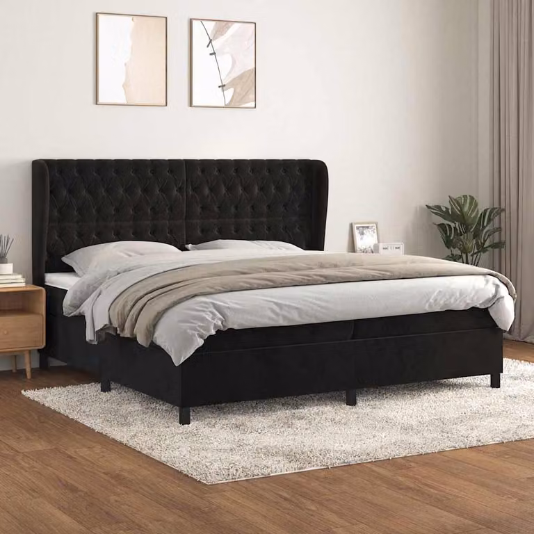 vidaXL Giroletto a Molle con Materasso in Velluto Nero L/P/H: 200 x 200 x 128 cm