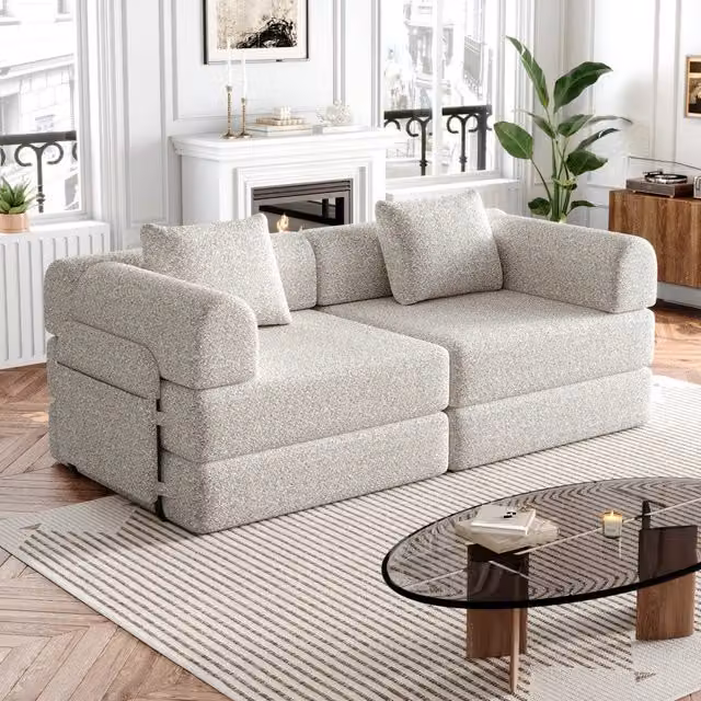 Divano letto 2 in 1 MIVRAY in ciniglia beige con vano nel bracciolo e struttura in acciaio