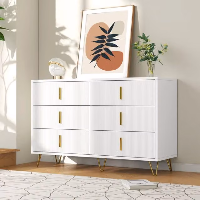 Sideboard 120x40x77 cm con sei cassetti; in truciolato; bianco e oro