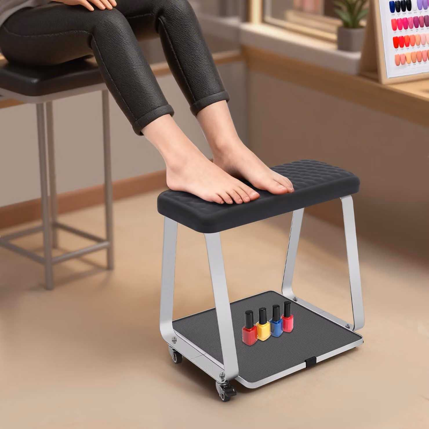 Elzusha - Poggiapiedi mobile con ruote, ideale per saloni di bellezza e uso domestico (nero)