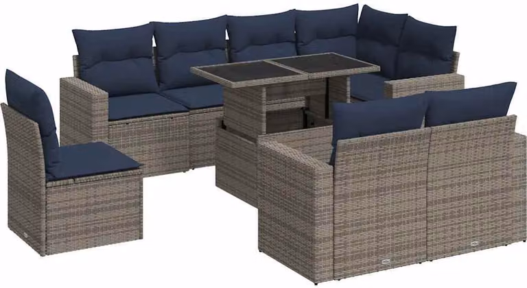 Set Divano da Giardino 9pz con Cuscini Grigio Polyrattan Acacia