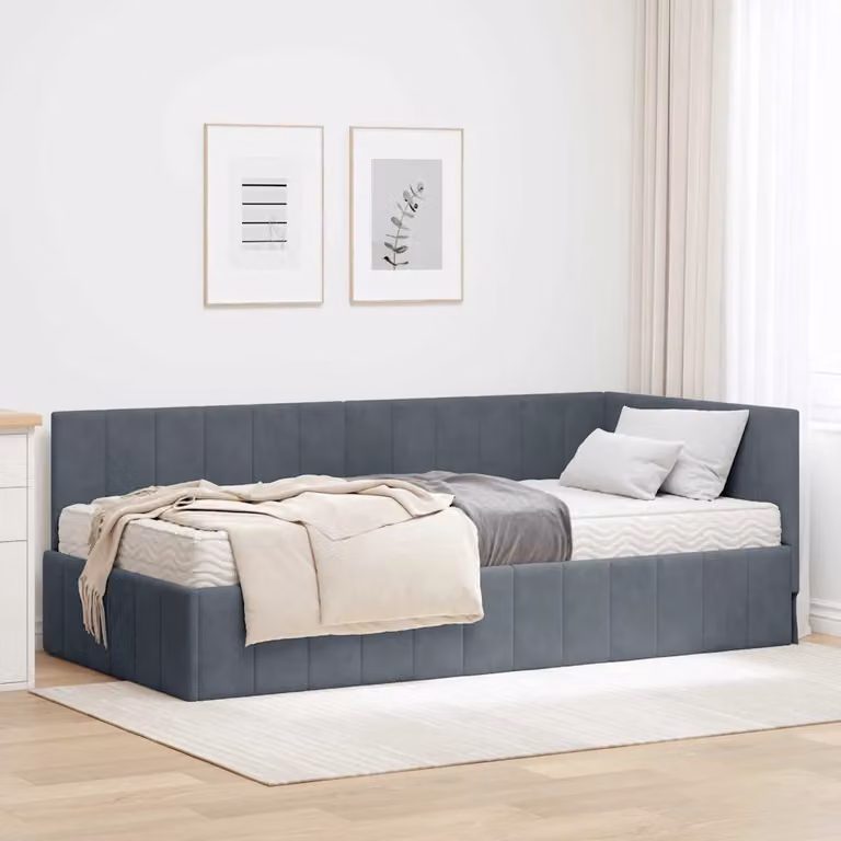 vidaXL Struttura Letto Angolare con Materasso in Velluto Grigio L/P/H: 204 x 140 x 94 cm
