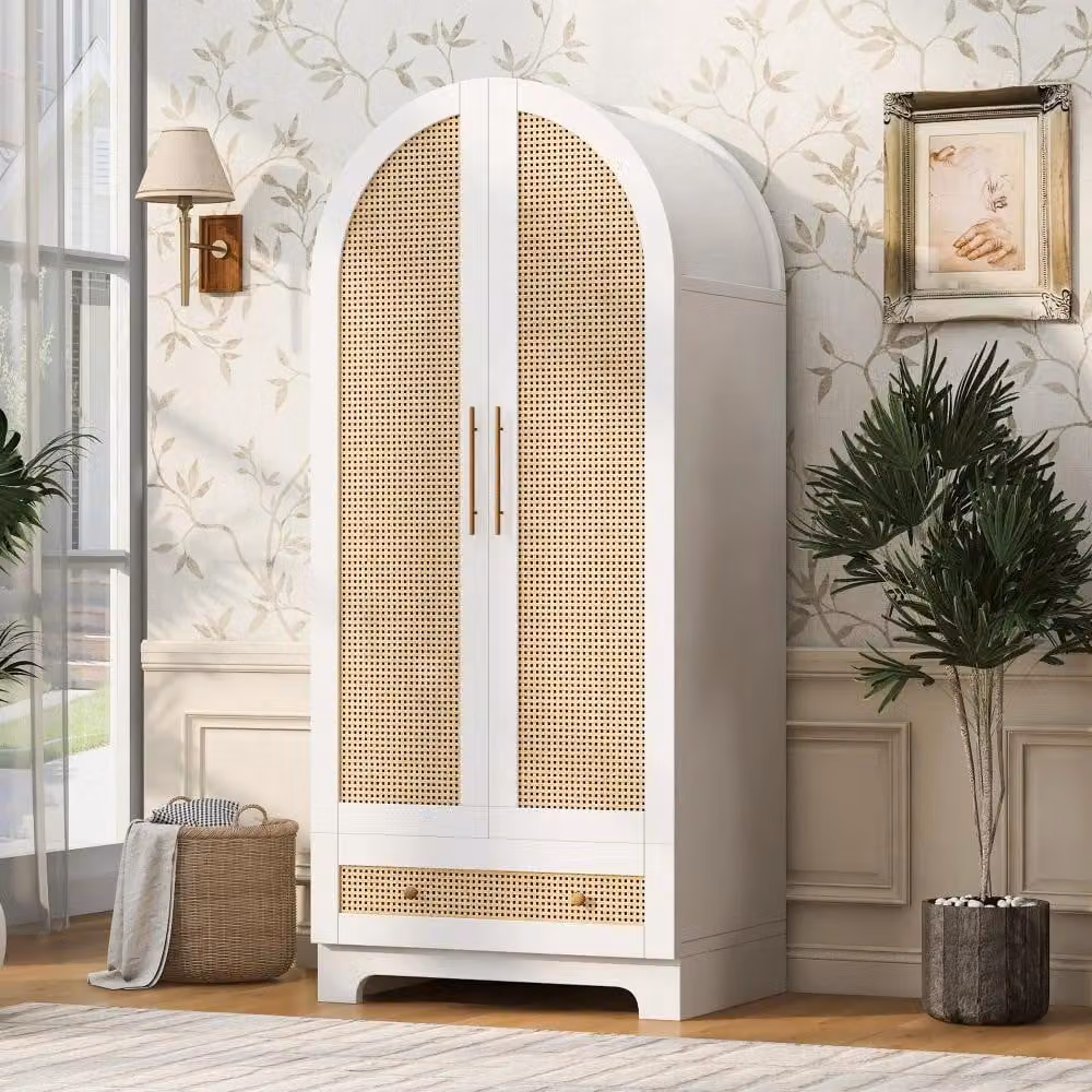 Armadio – Armadio indipendente – 70 x 55 x 170 cm – Doppie ante – Ante in rattan sintetico – Cassetti – Diversi scomparti – Bianco