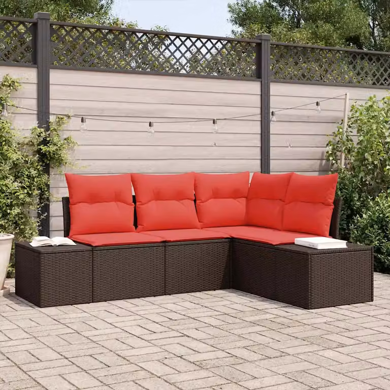 Set Divano da Giardino a L vidaXL 4 pz in Polyrattan Marrone con Cuscini e Copertura Antivento