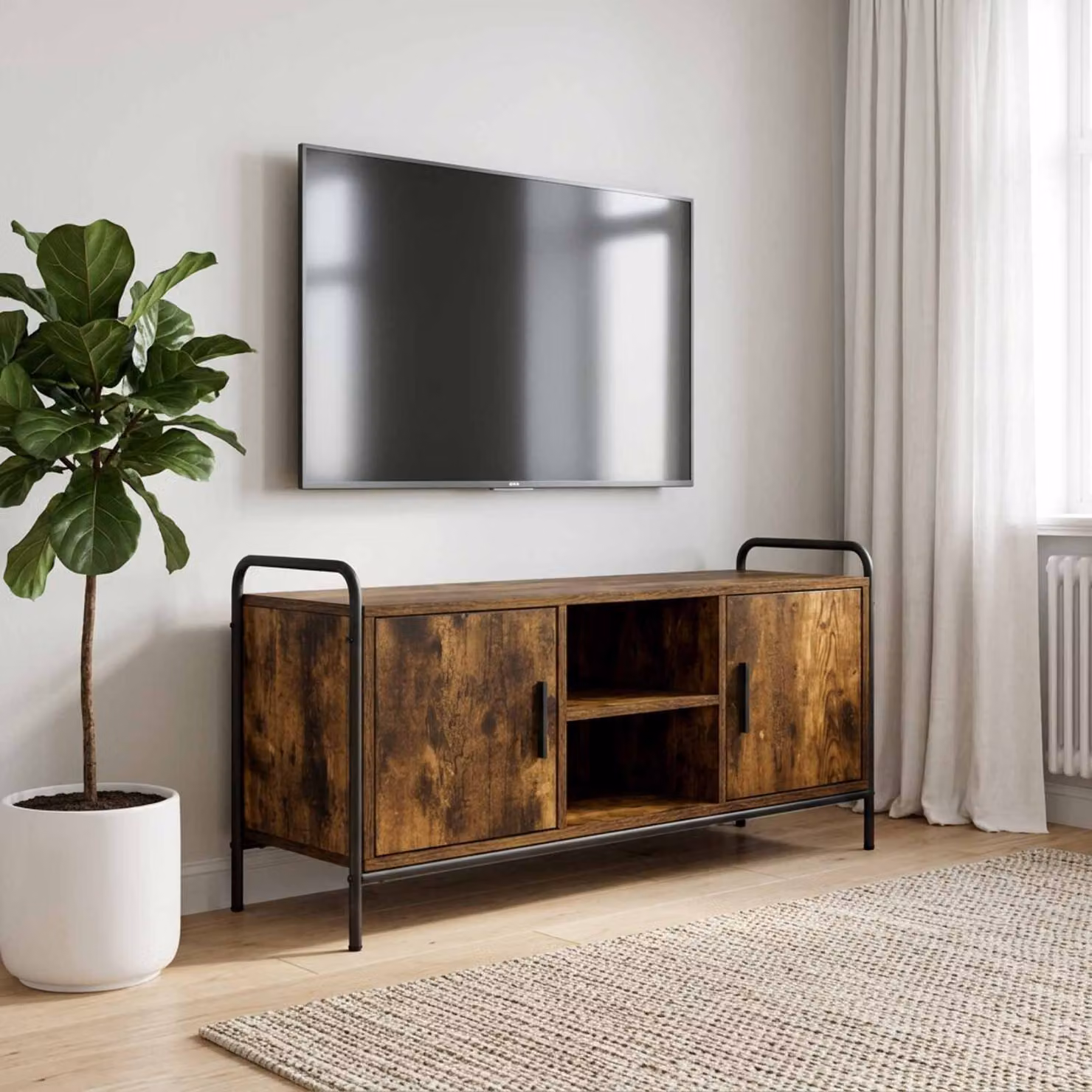 Mobile TV vidaXL in legno ingegnerizzato e metallo, Rovere Fumo, L: 99 cm, P: 33 cm, H: 50 cm