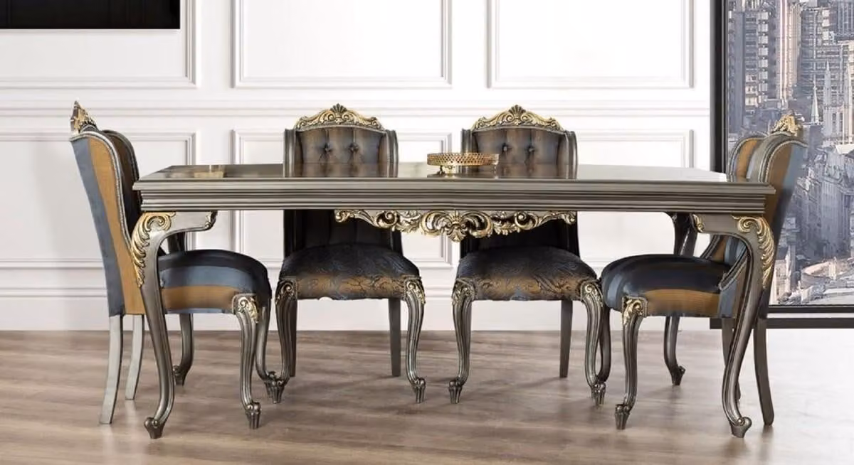 Casa Padrino Tavolo da pranzo barocco Grigio / Oro - Nobile tavolo da pranzo in legno massiccio - Mobili da sala da pranzo barocchi - Nobile e magnifico