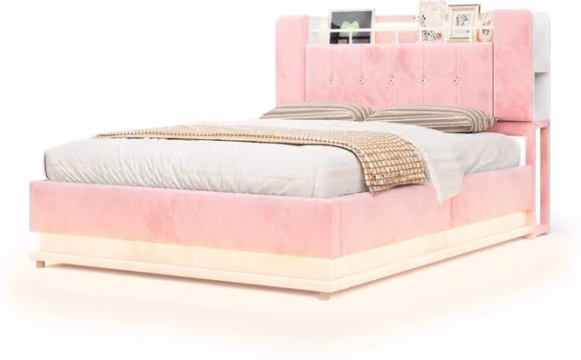 Letto matrimoniale 140x200 cm con LED; USB e contenitore idraulico in velluto rosa