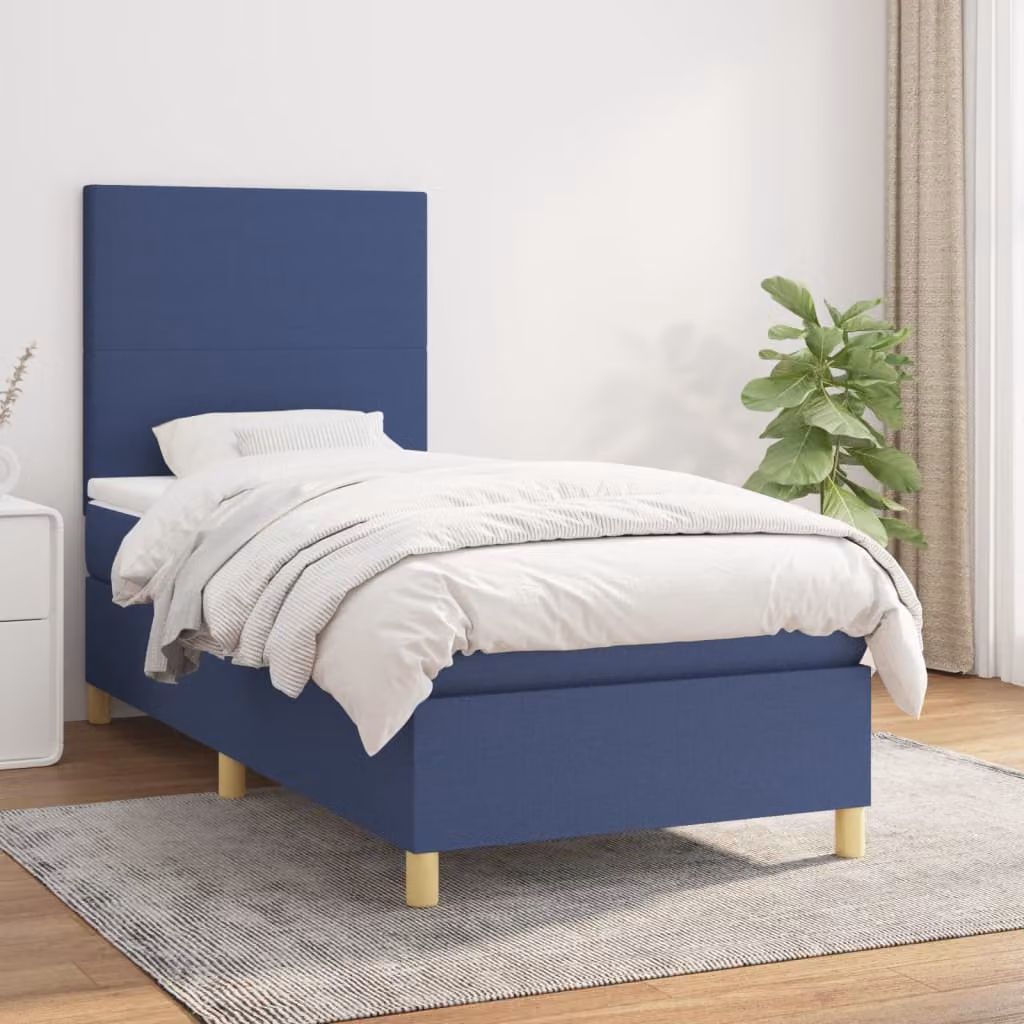 vidaXL Letto Ibrido con Giroletto a Molle e Materasso Blu e Bianco, L/P/H: 90 x 200 x 128 cm
