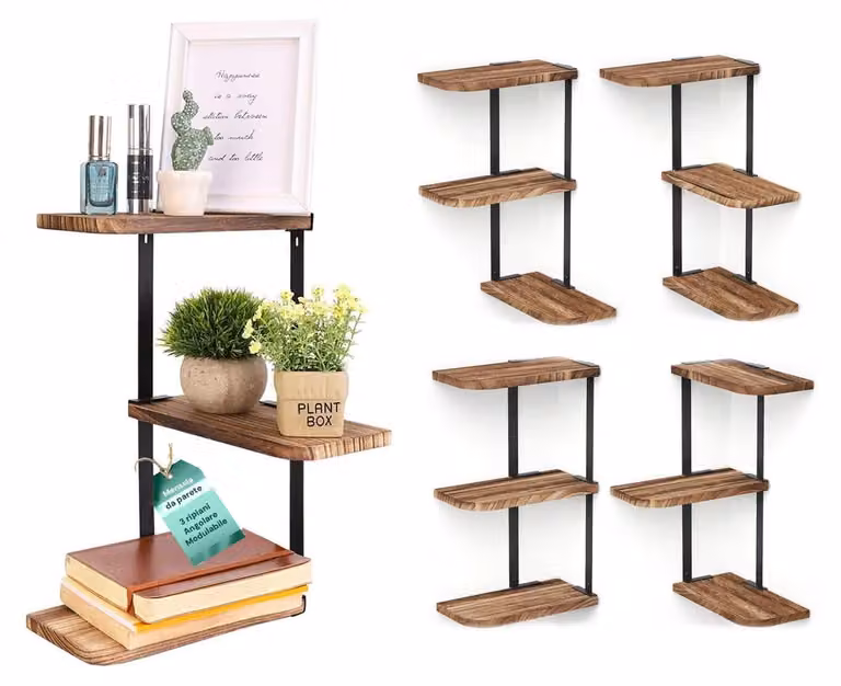 Mensola angolare vintage in legno con supporti in metallo