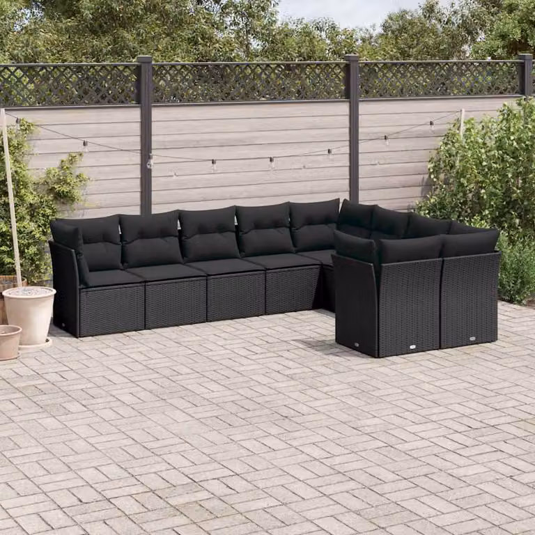 Set di divani da giardino vidaXL a forma di L composto da 9 pezzi con cuscini neri in polyrattan e struttura in acciaio verniciato a polvere