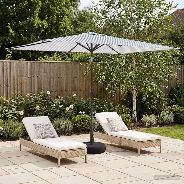 Parasol da giardino cantilever vidaXL con luci LED e base, Poliestere, Blu e Bianco, L: 300 cm, P: 200 cm