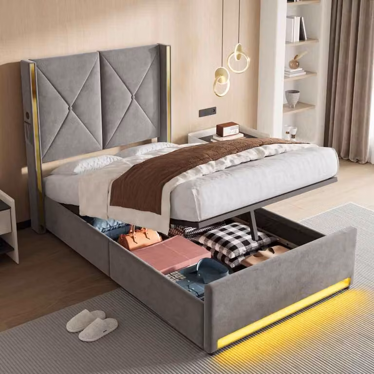 Letto imbottito multifunzionale AIORBER 90x200 cm in velluto, con contenitore, sistema idraulico, illuminazione a LED e porte USB/Type-C, tasche laterali incluse, grigio scuro