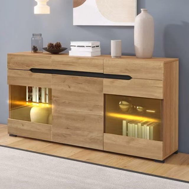 Credenza e madia con LED controllati da app 3 ante 3 cassetti in truciolato rovere per soggiorno 140 × 35 × 80 cm