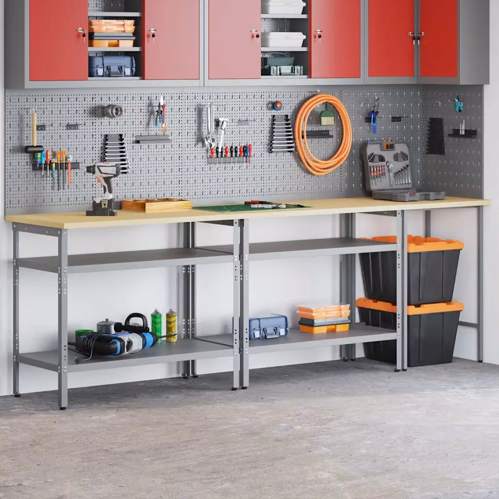 Set di 3 banchi da lavoro regolabili in altezza vidaXL in acciaio, beige e grigio