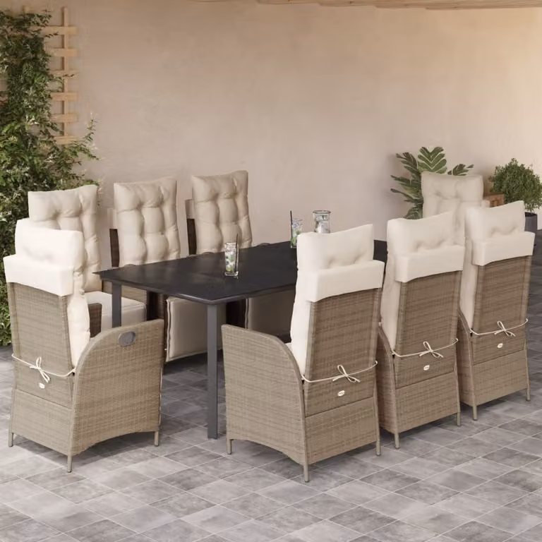 vidaXL Set da Pranzo da Giardino 9 pz in Polyrattan con Cuscini Beige e Piano in Vetro