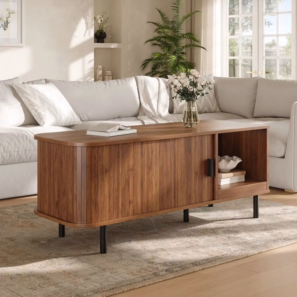 Tavolino da caffè moderno WISHDOR in noce con anta scorrevole e gambe in metallo L/P/H: 110 x 40 x 55 cm – 2