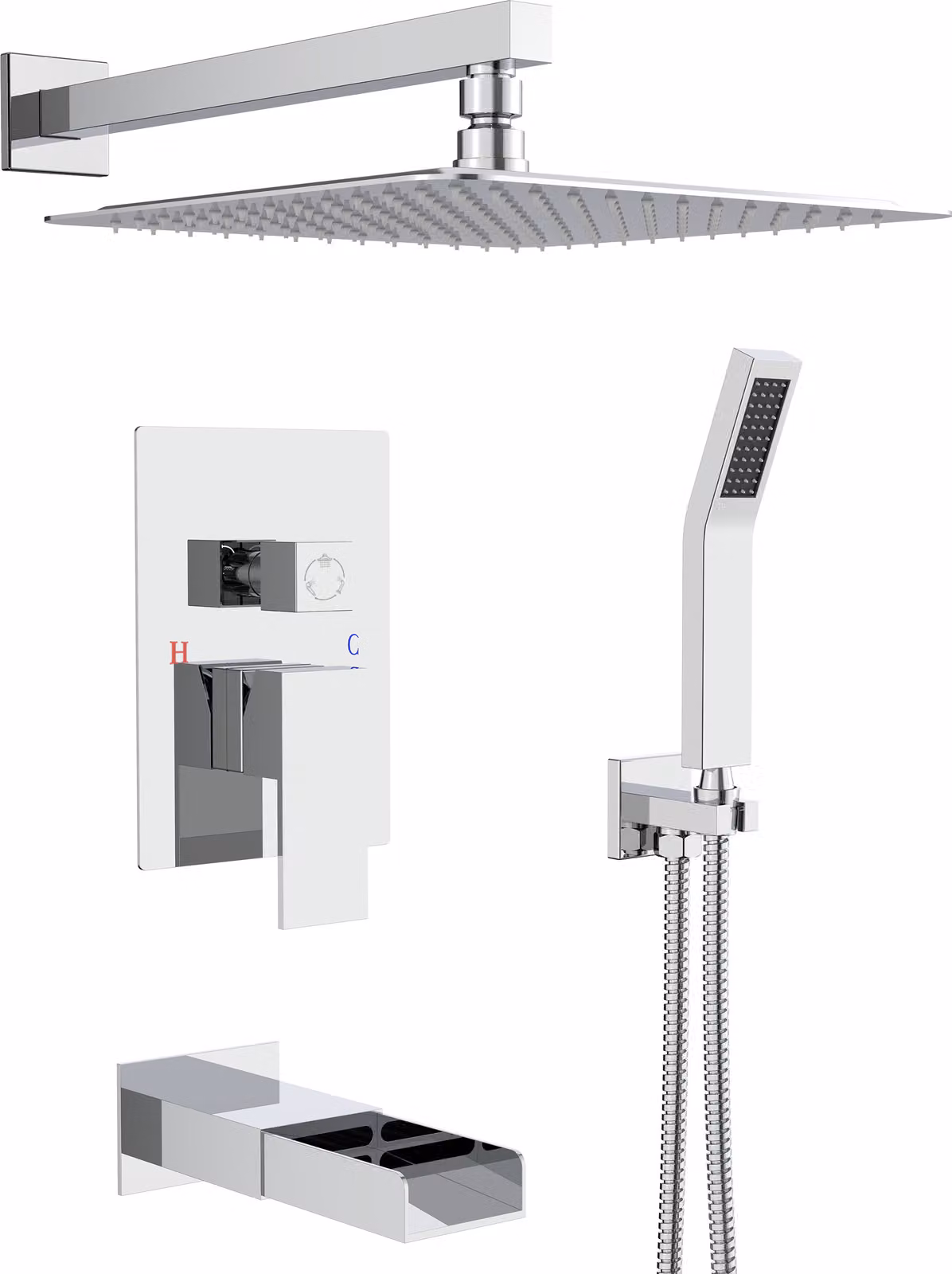 Sistema doccia da incasso Rainsworth con miscelatore per vasca, 25x25cm Soffione a pioggia quadrato Acciaio inox e ottone di alta qualità