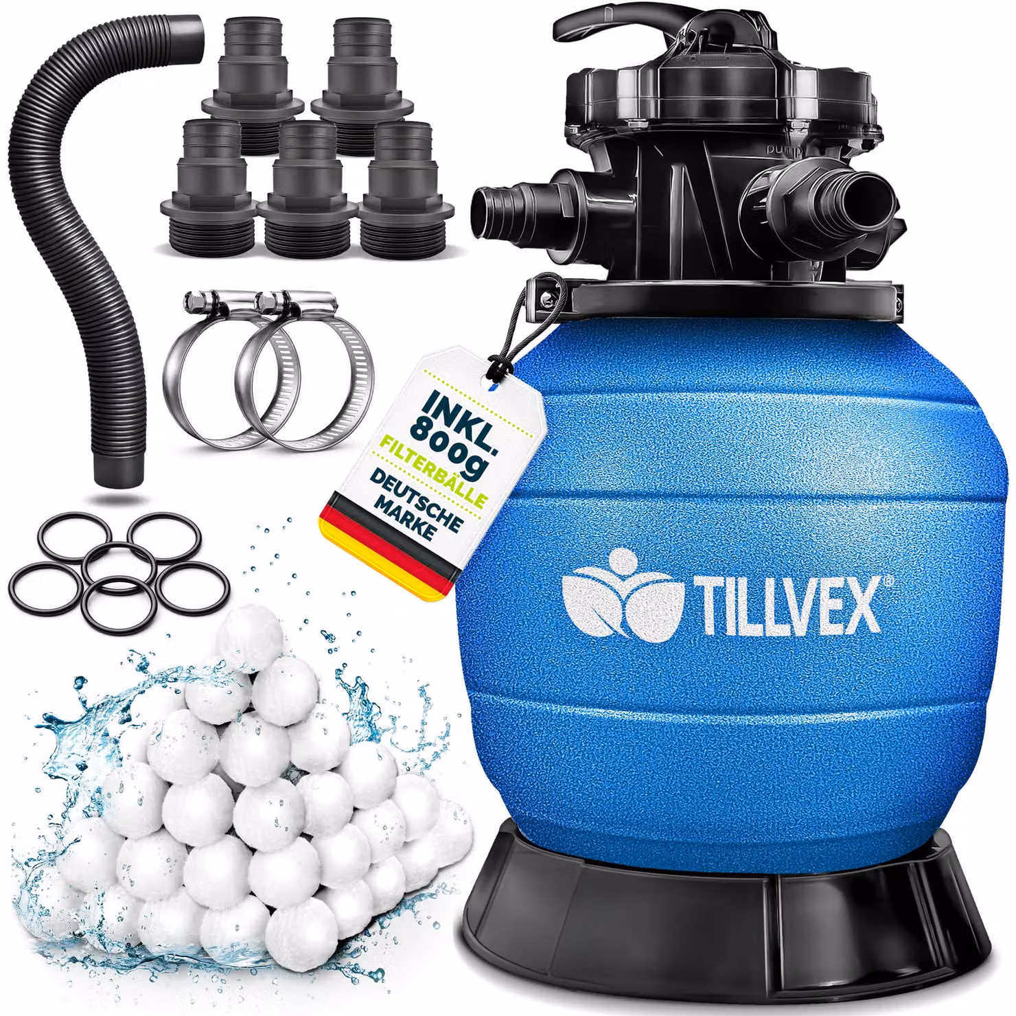 Filtro a sabbia per piscina tillvex® senza pompa + 800 g di sfere filtranti per piscine fino a 35 m³ (35.000 litri) | Vasca del filtro per piscina con adattatore Ø 32-38 mm | Vasca del filtro a sabbia con valvola a 7 vie, manometro e tubo di aspirazione