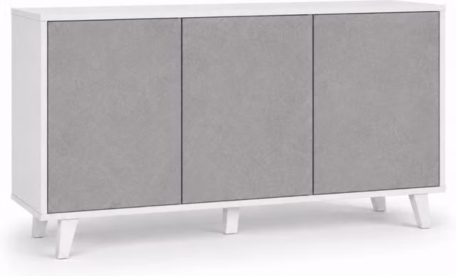 Credenza Moderna con 3 Ante Battenti Senza Maniglie in Melaminico per Ingresso, Soggiorno e Salotto, Bianco e Grigio, L 154 x P 41 x H 75 cm