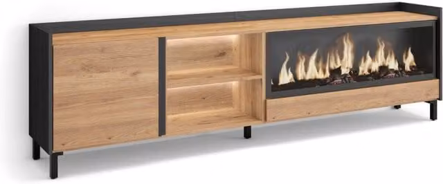 Mobile TV Soggiorno, 212x61x35 cm, Per TV fino a 80", Camino elettrico XXL, Design industriale, LED, Rovere e nero
