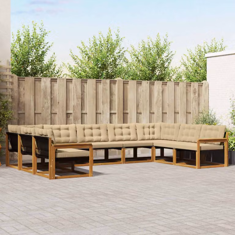 Set di divani da esterno vidaXL a forma di U composto da 9 pezzi in legno di acacia e tessuto textilene, colore marrone e beige