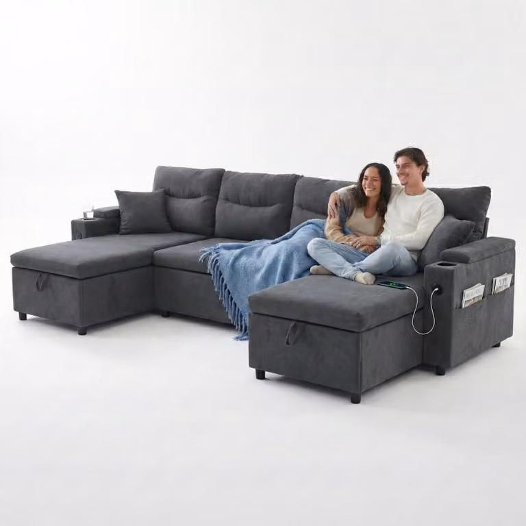 LVHOM Divano letto a U con contenitore, USB-C - Divano angolare con funzione letto, divano da salotto in lino a 4 posti, divano con contenitore, grigio