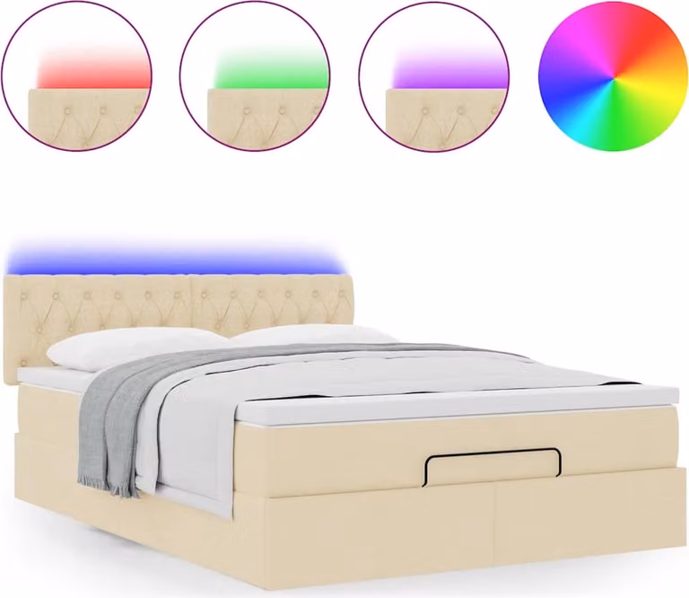 Pouf Letto con Materasso e LED Crema 140x200 cm in Tessuto