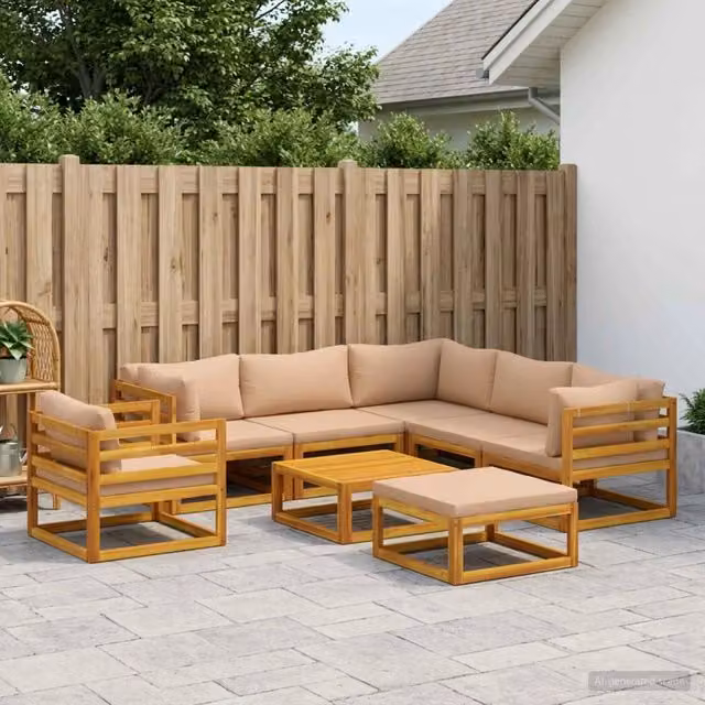 Set di divani da esterno vidaXL in legno di acacia massello con cuscini beige e marrone, composizione a L con tavolino e pouf, 8 pezzi – 1