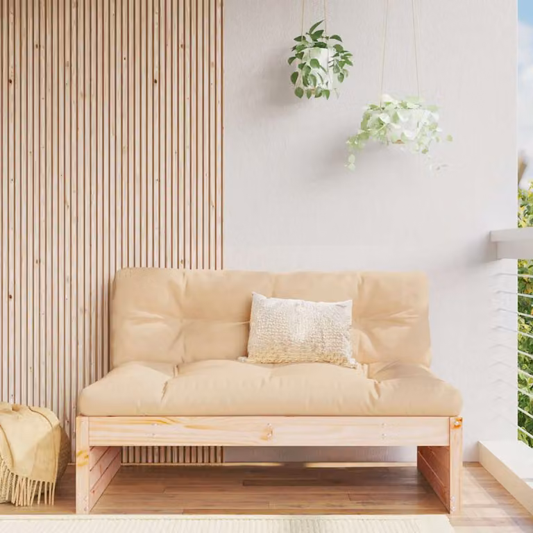 vidaXL Divano da Giardino in Legno di Pino con Cuscini Beige e Marrone L: 120 cm, P: 80 cm, H: 69 cm