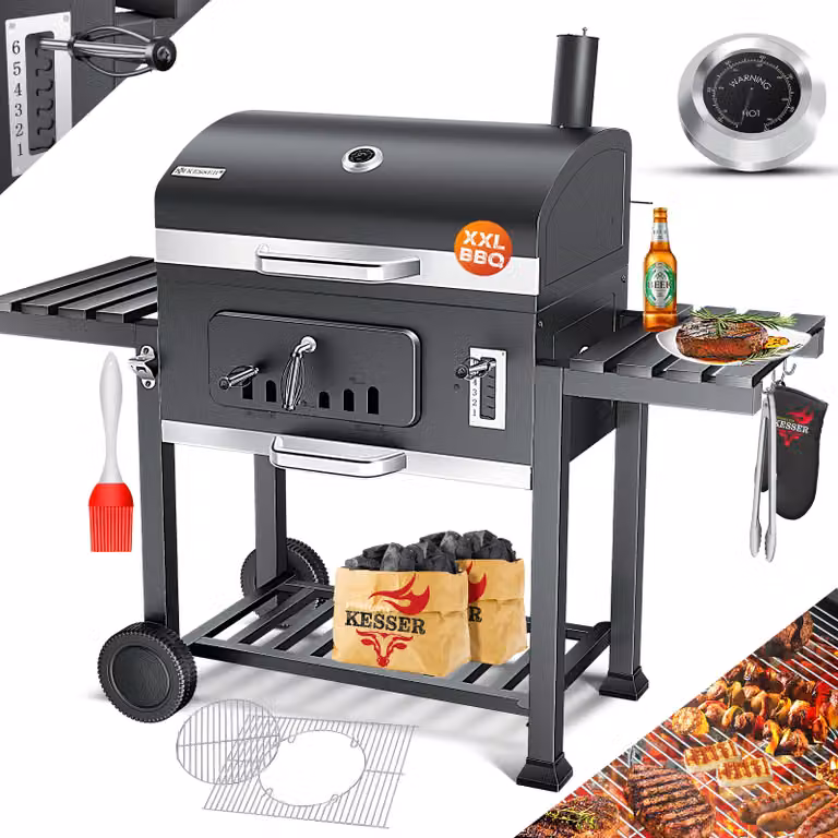 KESSER® Carrello per barbecue XXL, barbecue a carbone con coperchio, ruote, maniglia in acciaio inossidabile, griglia e termometro