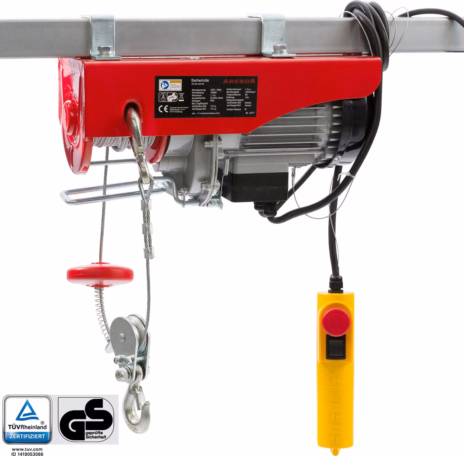 AREBOS Argano a fune 230 V 500 W, capacità di carico 100-200 kg, telecomando rosso