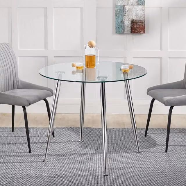 Tavolo rotondo moderno Humppila en.casa con piano in vetro trasparente e gambe in acciaio cromato, Diametro: 87 cm, Altezza: 75 cm – 1